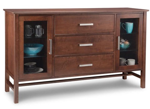 Brooklyn Sideboard w/2 Glass Doors & 3/Dwrs in Center & 4/Glass Adjust. - 68-3/4Wx41Hx19-1/4D | Amber's Furniture | Calgary Handstone Furniture Store